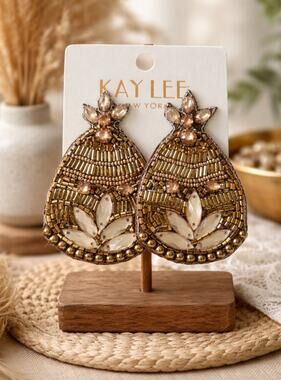 Kay Lee Gold Boho Beaded Stone Earrings New